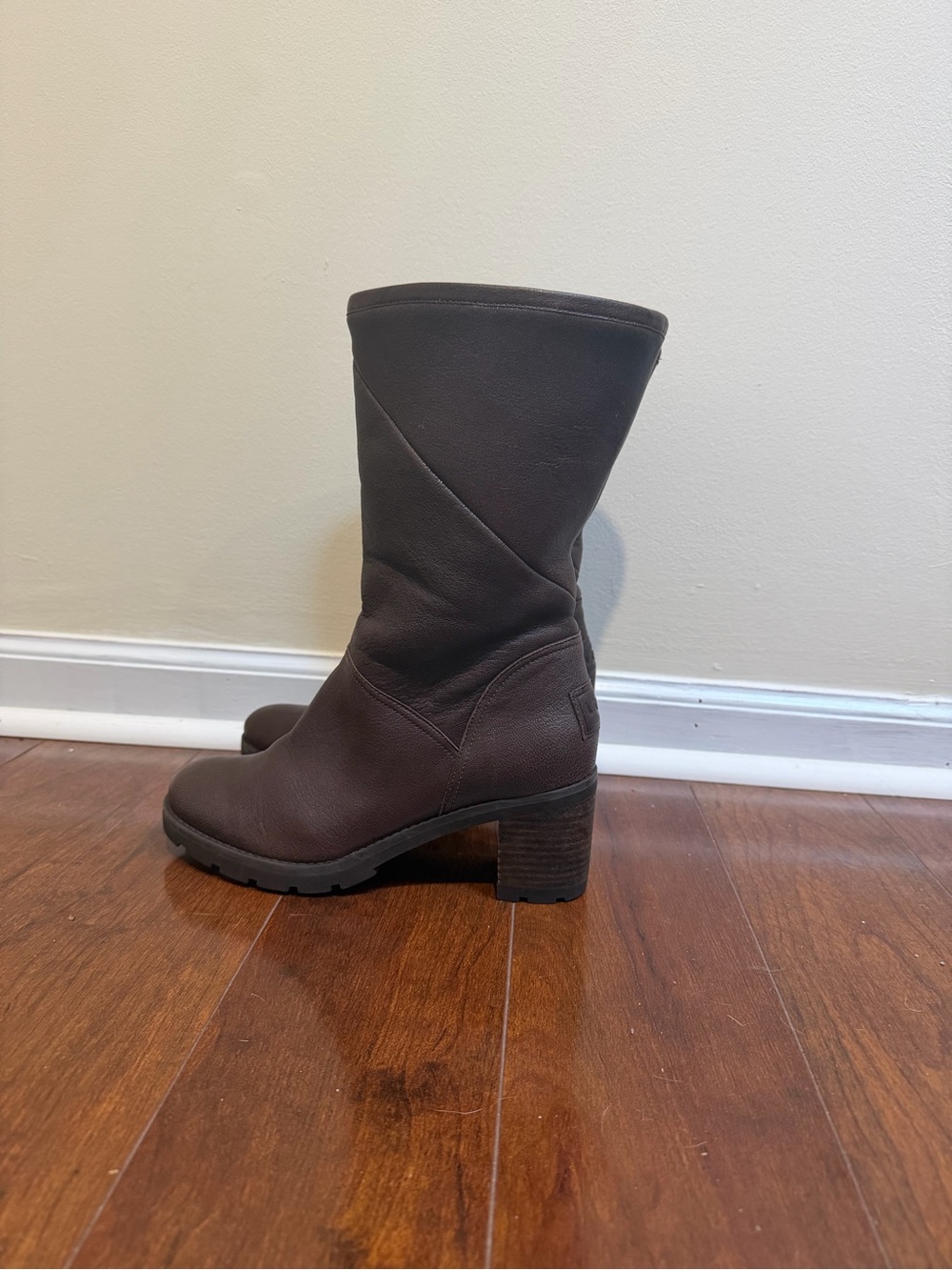 UGG Women's Dark Brown Leather Heeled Mid-Calf Boot